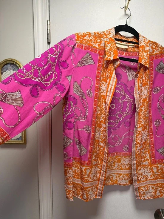Women's Pink & Orange Printed Button-Up Shirt Maeve by Anthropologie - Picture 3 of 4